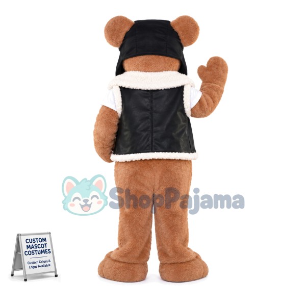 Warm Bear In Leather Vest Mascot Costume