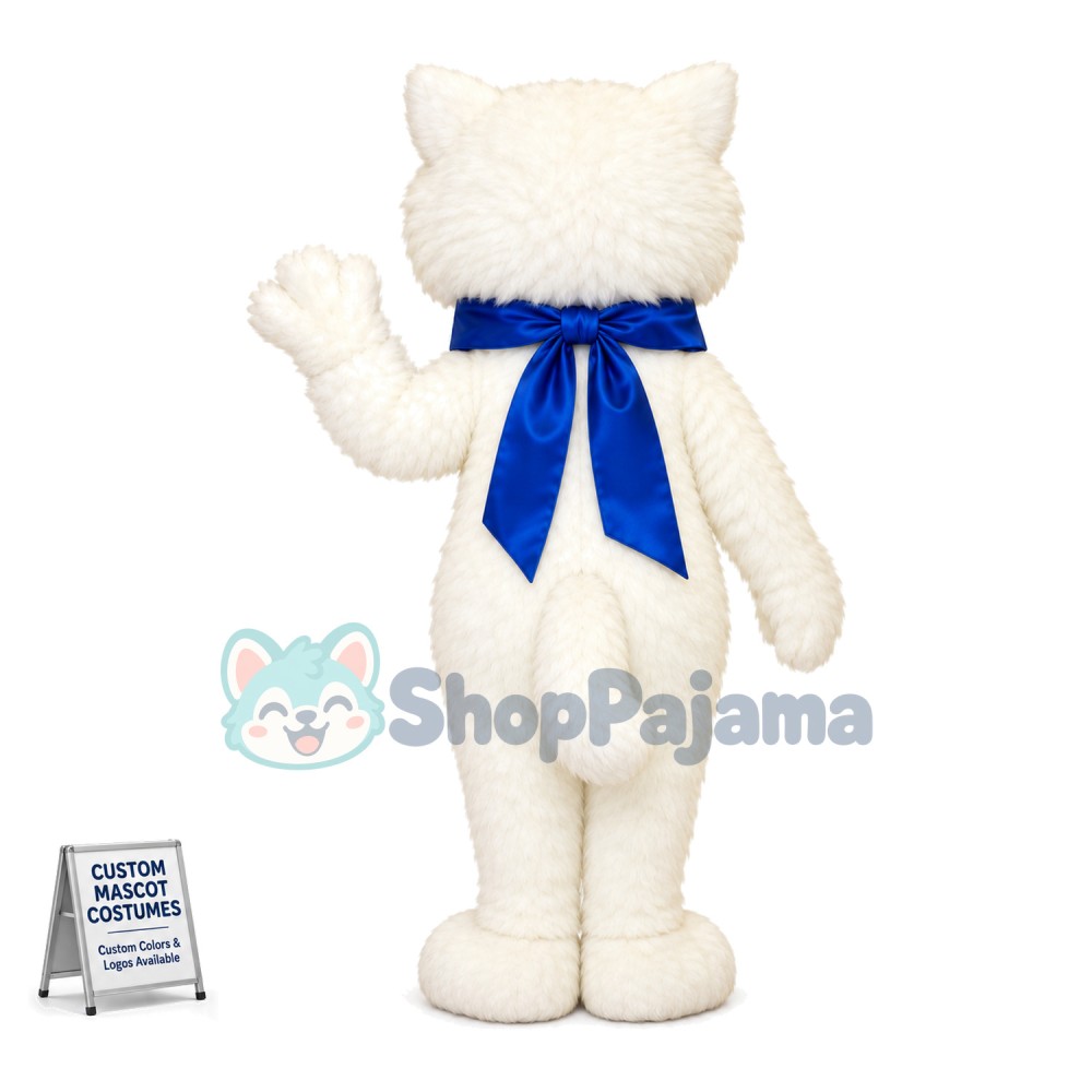 White Cat With Blue Gift Ribbon Mascot Costume