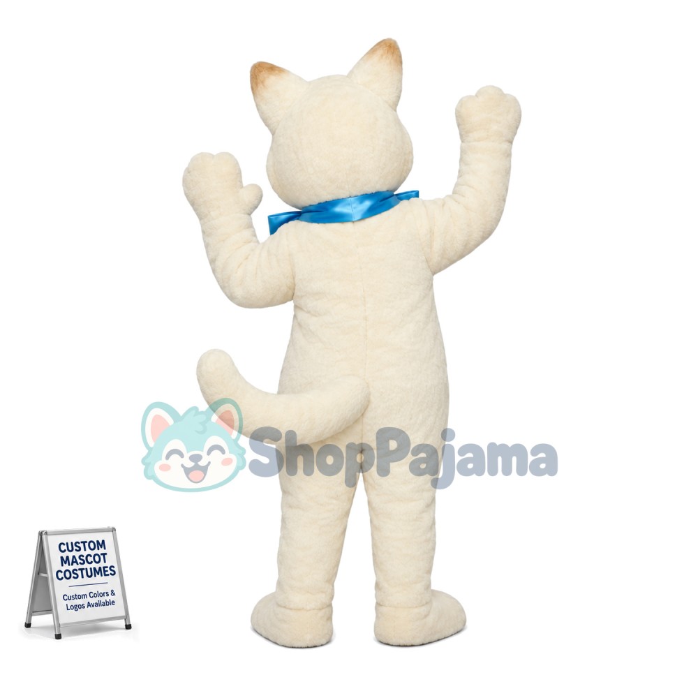 White Cat With Blue Ribbon Mascot Costume