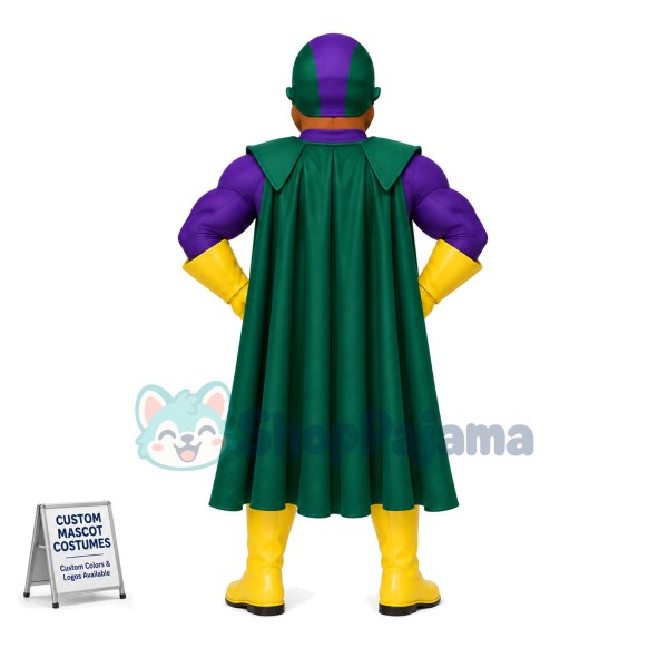 Purple Superhero With Dollar Badge Mascot Costume