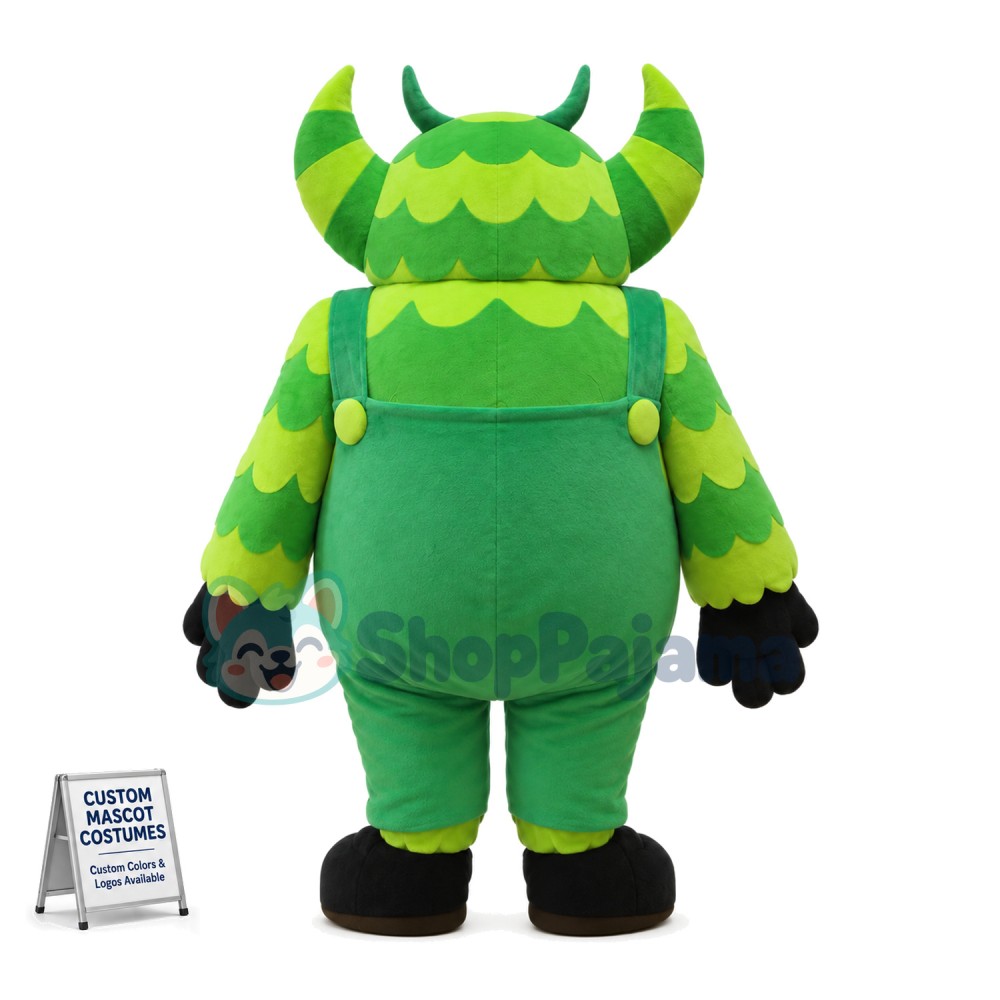 Bulky Green Monster With Horns Mascot Costume