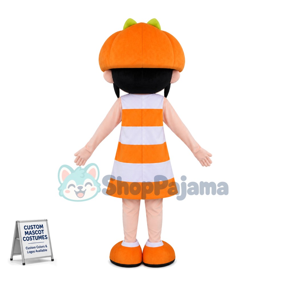 Brunette Girl In Pumpkin Hat Mascot Costume