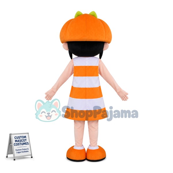 Brunette Girl In Pumpkin Hat Mascot Costume