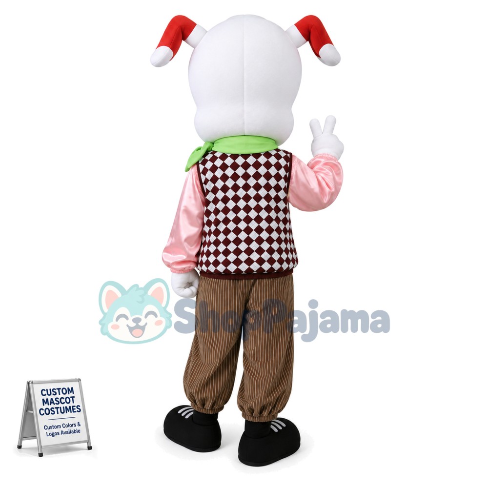White Dog In Check Knitted Vest Mascot Costume