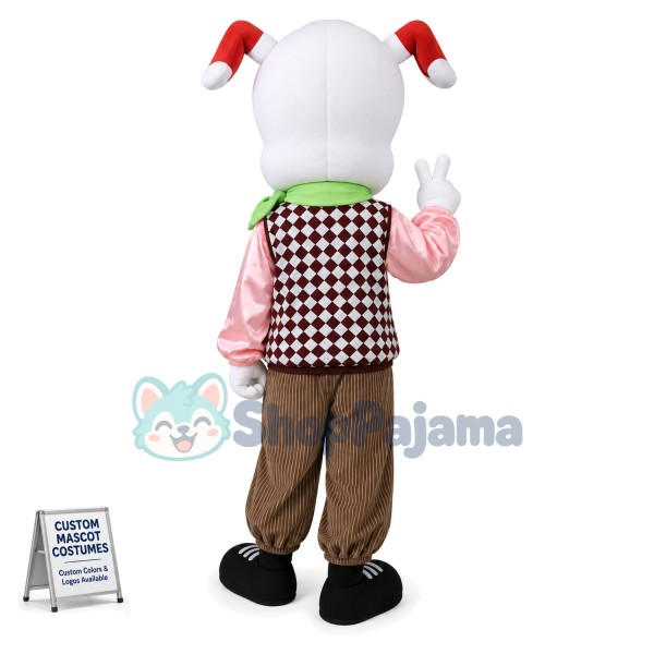 White Dog In Check Knitted Vest Mascot Costume