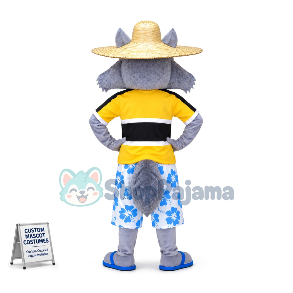 Villager Wolf Wearing Straw Hat Mascot Costume