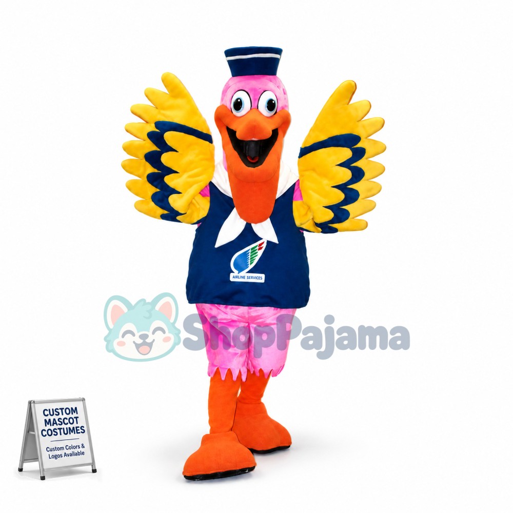 Bright Pink Bird In The Sailor Vest Mascot Costume