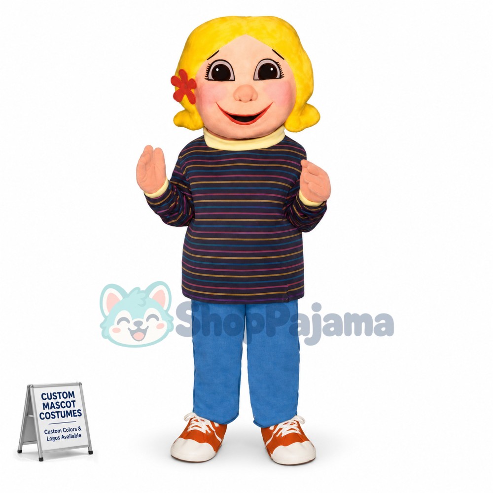 Blonde Girl In Turtleneck Sweater Mascot Costume