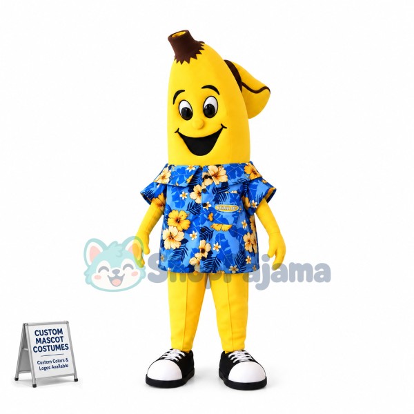 Cartoon Banana With Blue Flower Shirt Mascot Costume