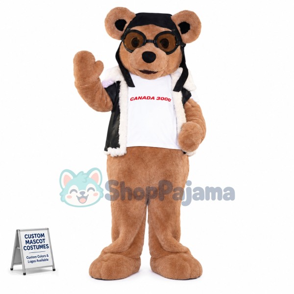 Warm Bear In Leather Vest Mascot Costume