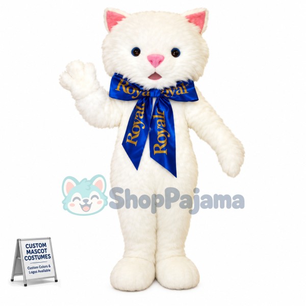 White Cat With Blue Gift Ribbon Mascot Costume