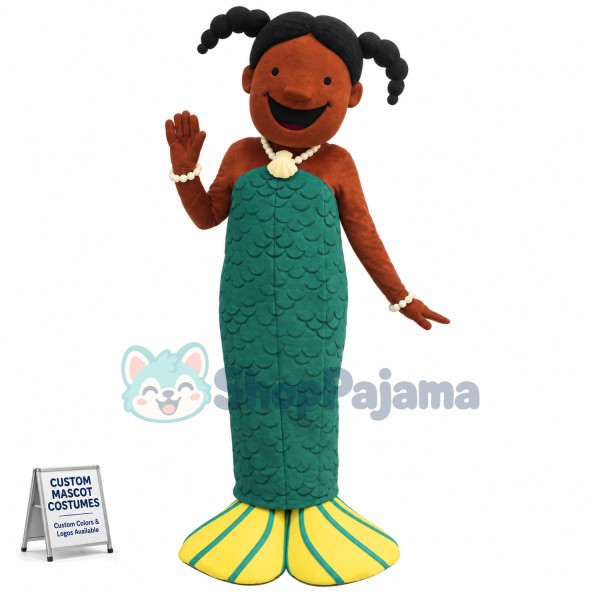 Black Girl In Green Mermaid Suit Mascot Costume