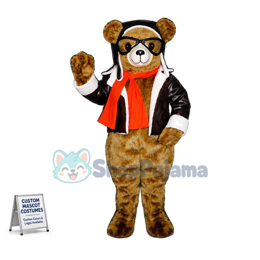 Aviator Bear In The Jacket Mascot Costume