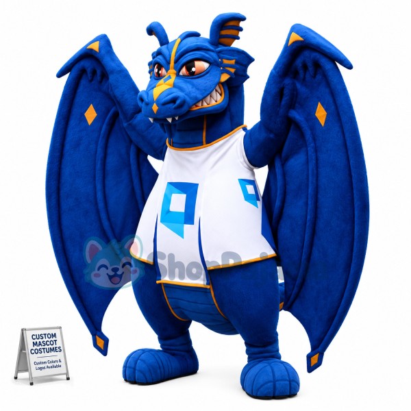Blue Evil Dragon With Huge Wings Mascot Costume