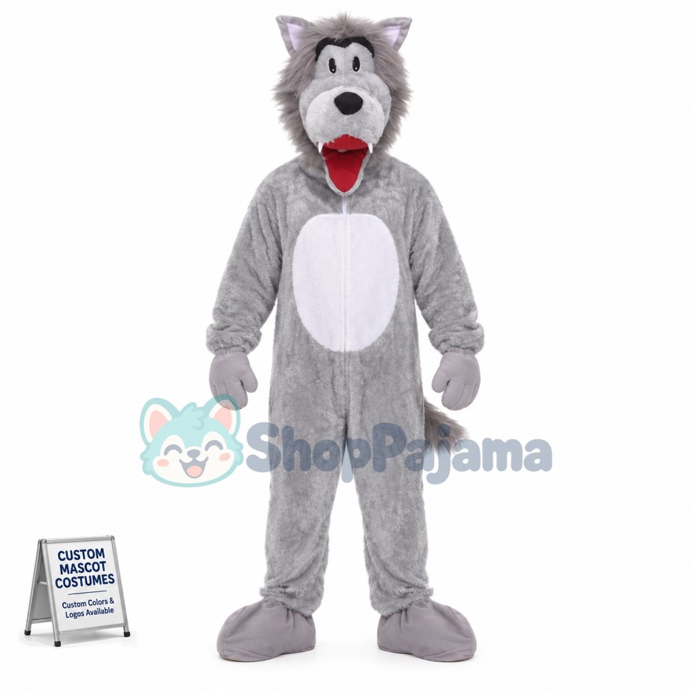 Thin Gray Wolf With Open Mouth Mascot Costume
