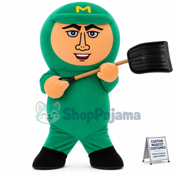 Warm Green Doll Holding the Snow Shovel Mascot Costume