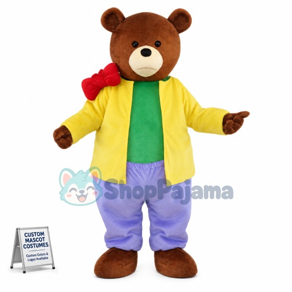 The Father Bear Wearing Yellow Coat Mascot Costume