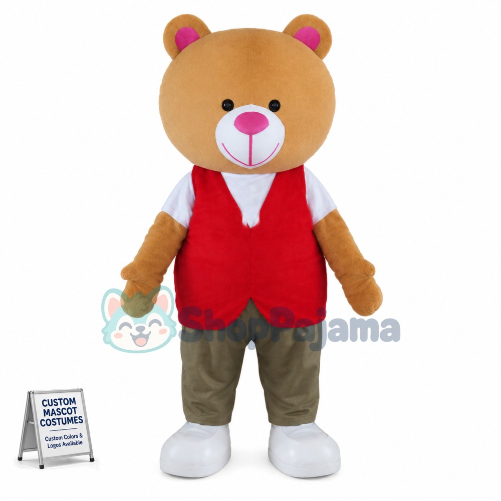 Brown Bear Wearing Red Waistcoat Mascot Costume