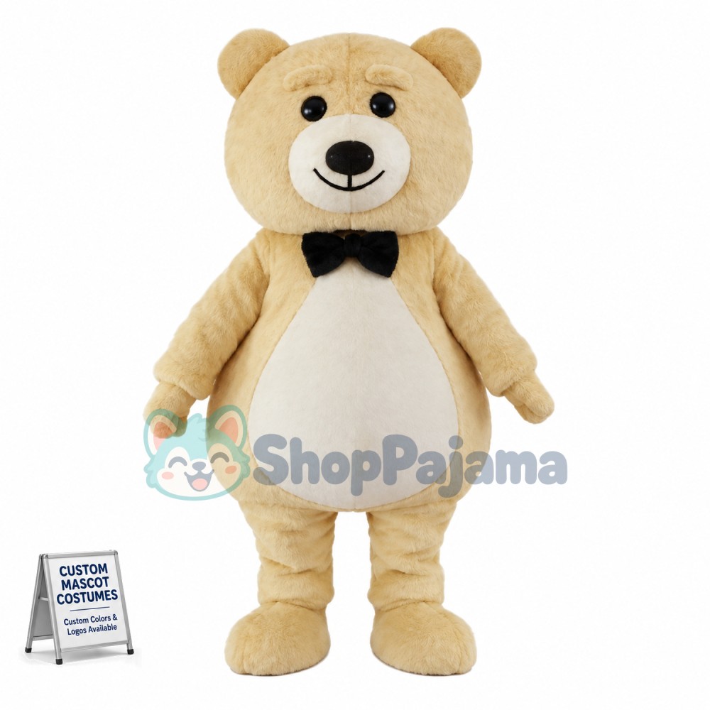 Beige Eyebrow Bear With Tie Mascot Costume