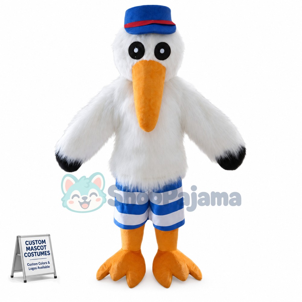 White Furry Bird With Long Beak Mascot Costume
