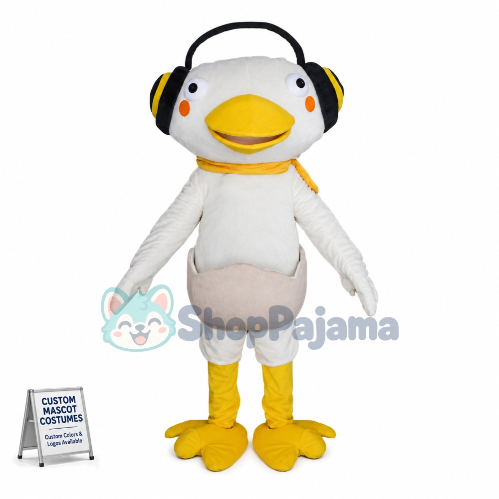 White Eggshell Duck Wearing Earmuffs Mascot Costume