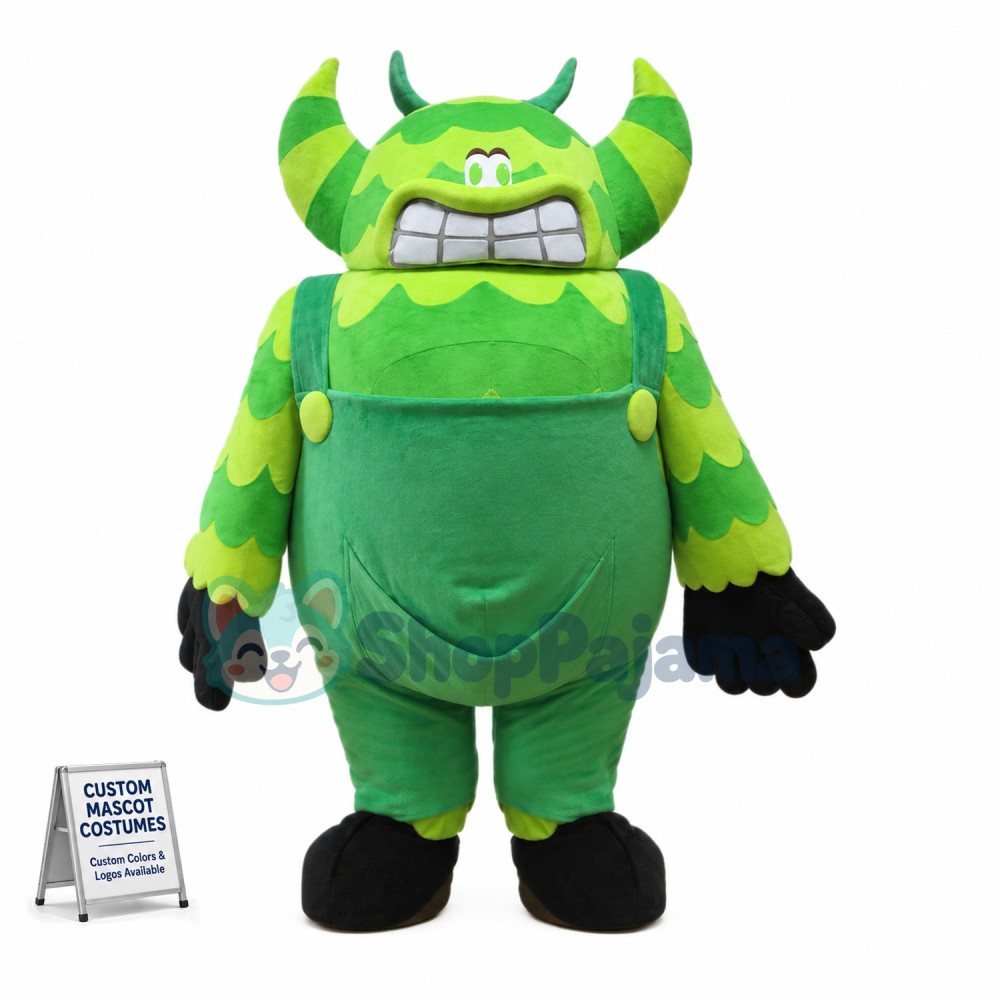 Bulky Green Monster With Horns Mascot Costume