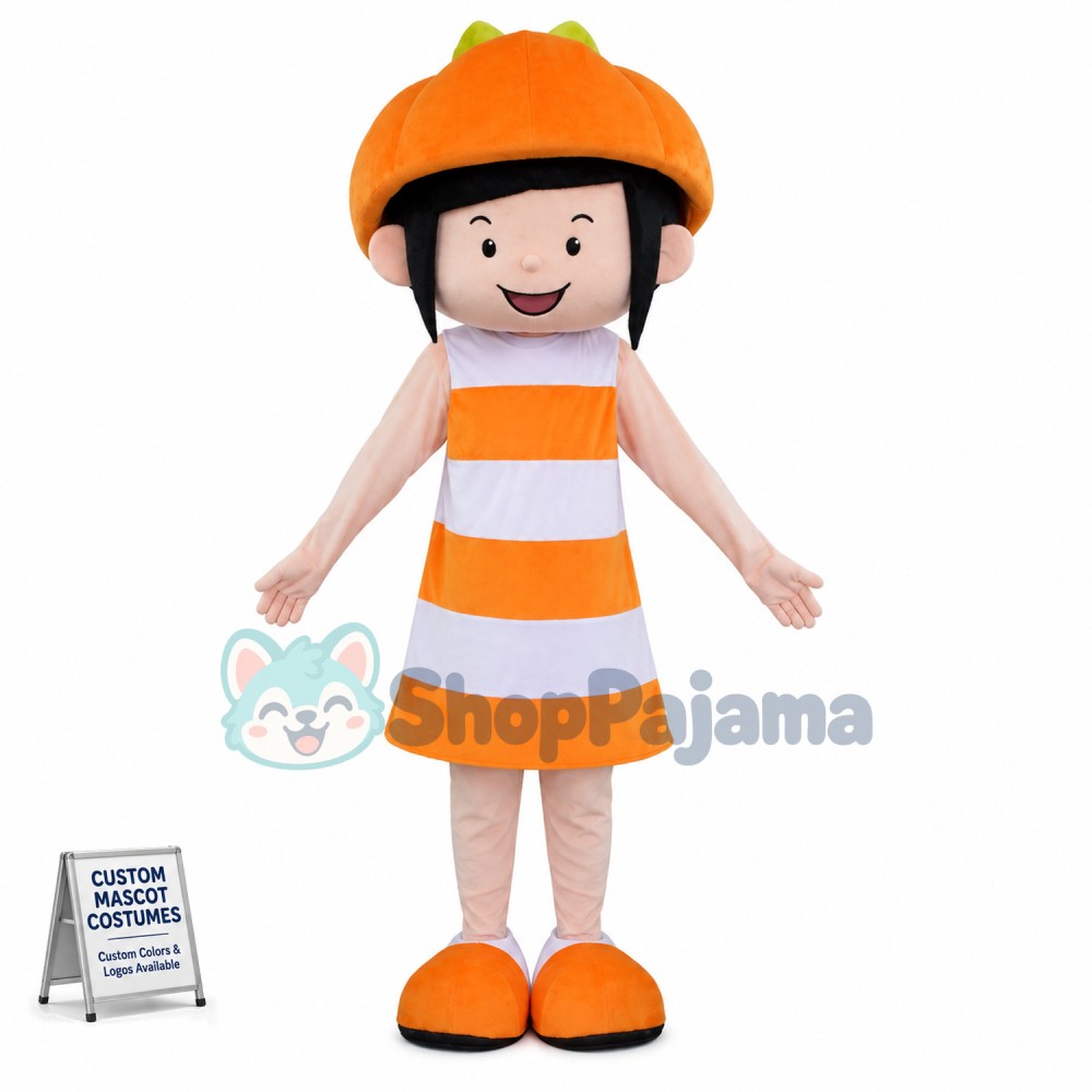 Brunette Girl In Pumpkin Hat Mascot Costume