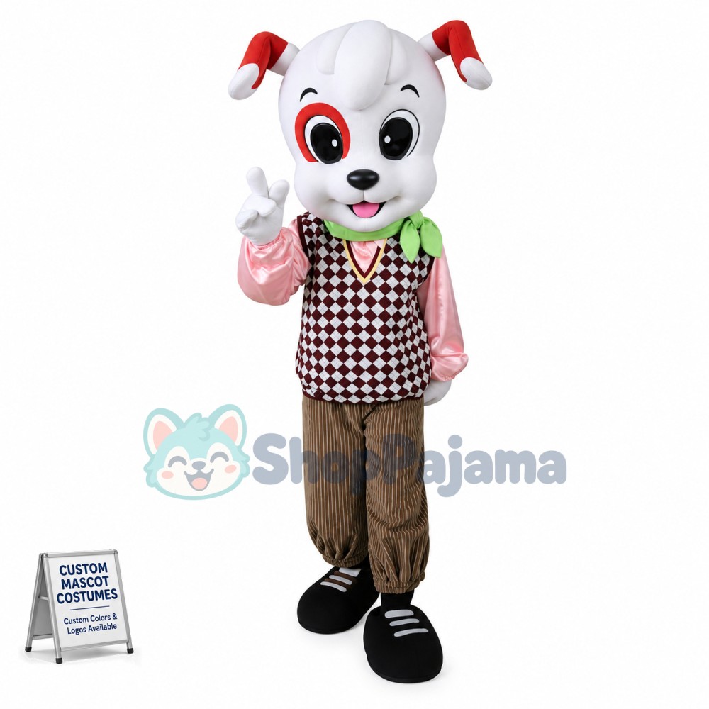 White Dog In Check Knitted Vest Mascot Costume