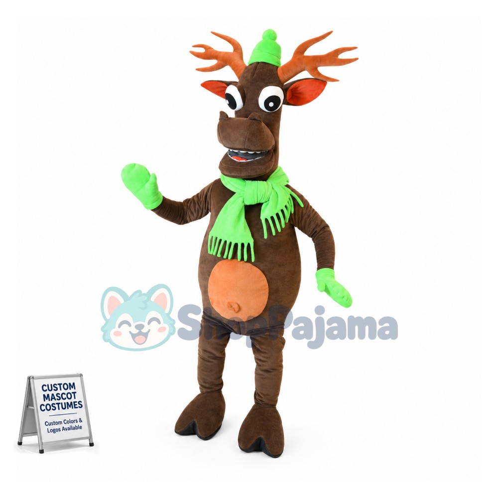Warm Elk With Fluorescent Green Scarf Mascot Costume