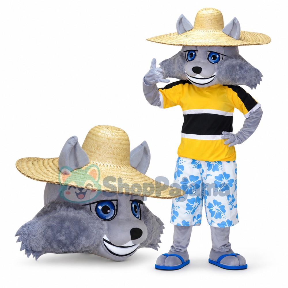Villager Wolf Wearing Straw Hat Mascot Costume