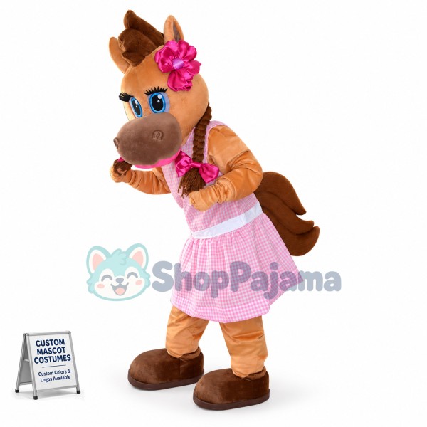 Brown Lady Horse In Plaid Dress Mascot Costume
