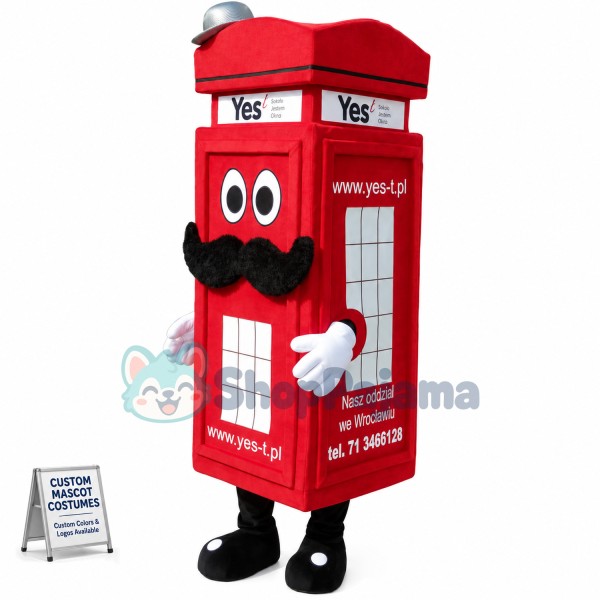 Red Public Telephone Booth On Street Mascot Costume