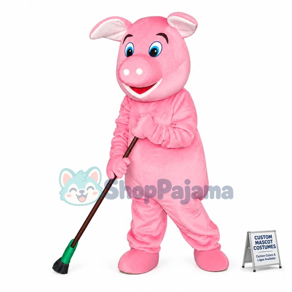 The Pig On Duty Carrying Broom Mascot Costume