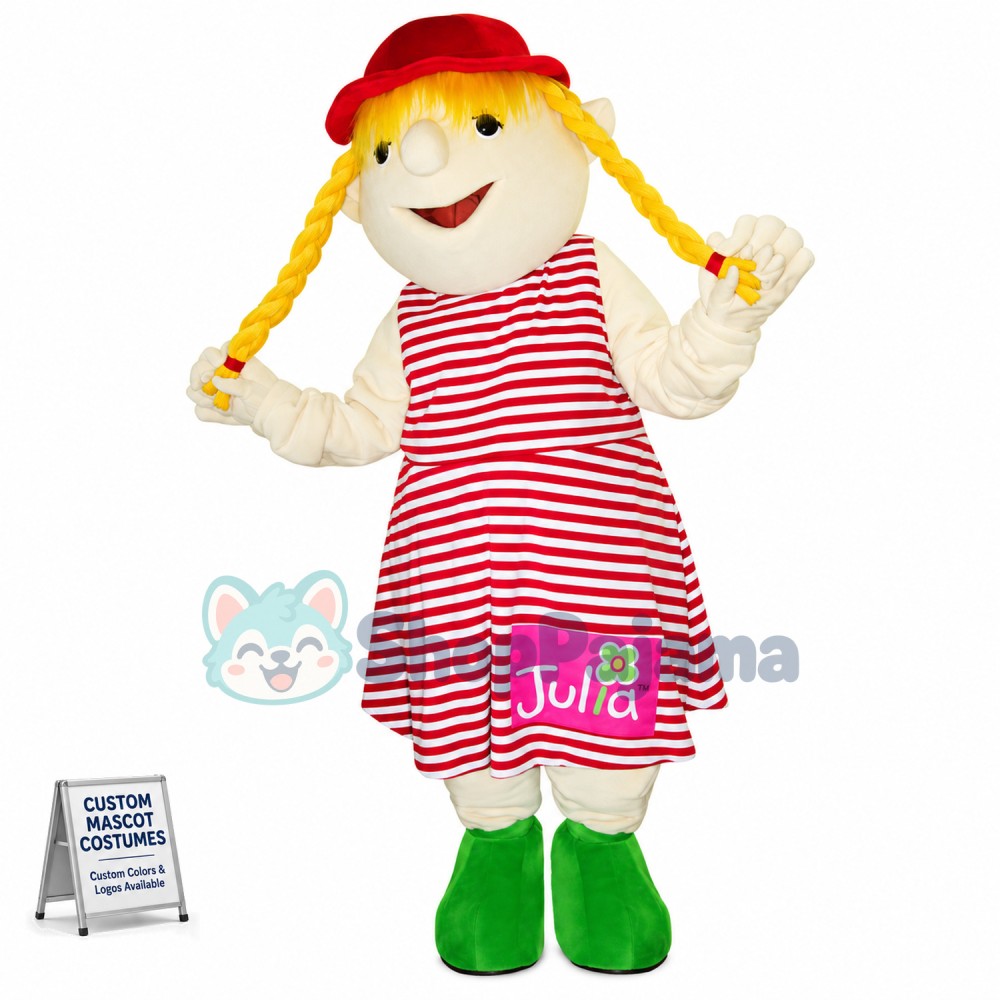Blonde Girl Puppet In Striped Dress Mascot Costume