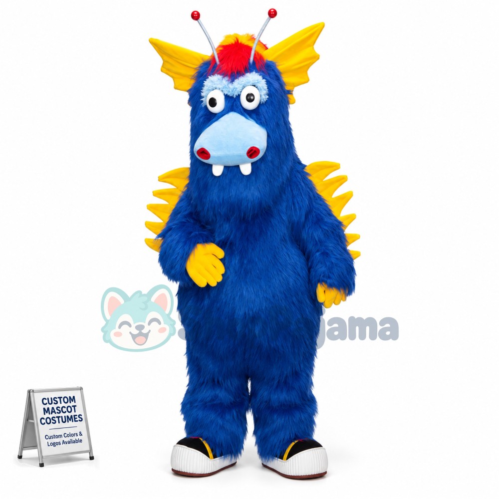 The Blue Furry Dragon With Gills Mascot Costume