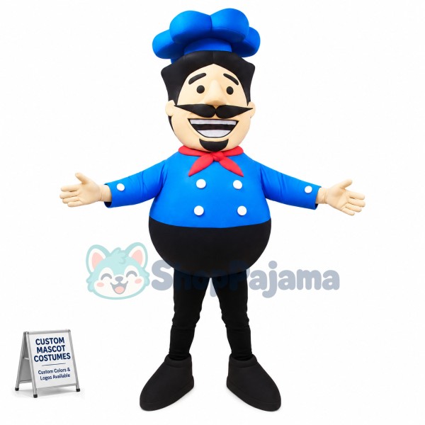 Bearded Chef Wearing Blue Uniform Mascot Costume