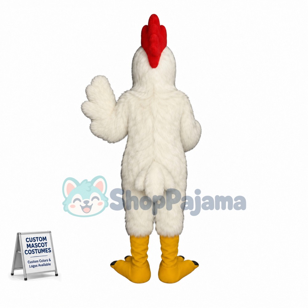 White Rooster Long Fur Mascot Adult Costume 