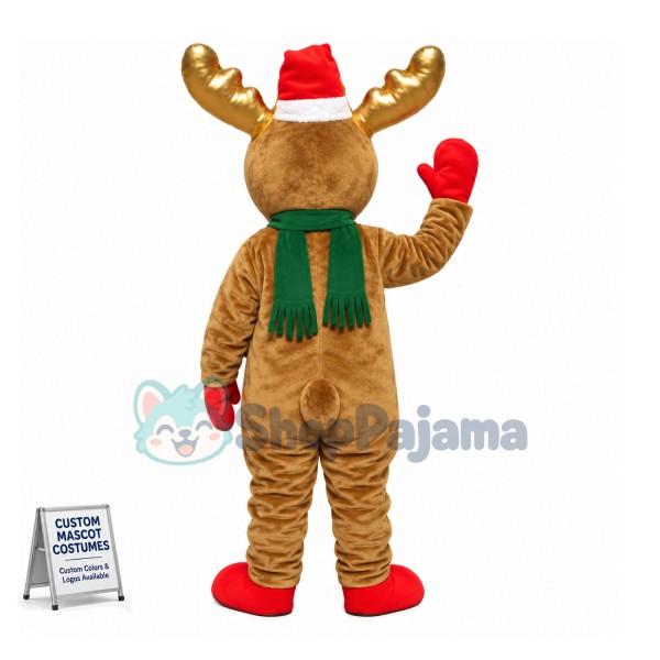 Xmas Red Nosed Reindeer With Golden Antlers Mascot Costume 