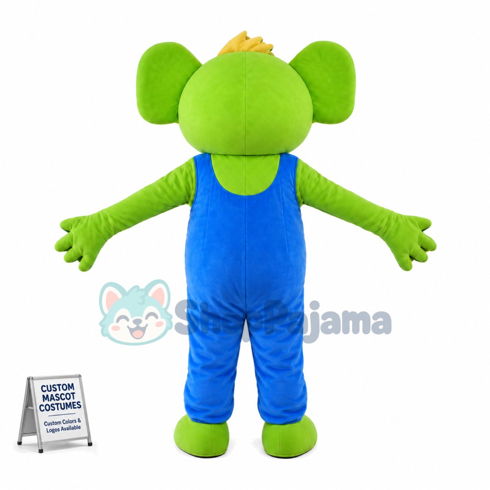Adult Cartoon Green Koala in blue overalls Mascot Costume	