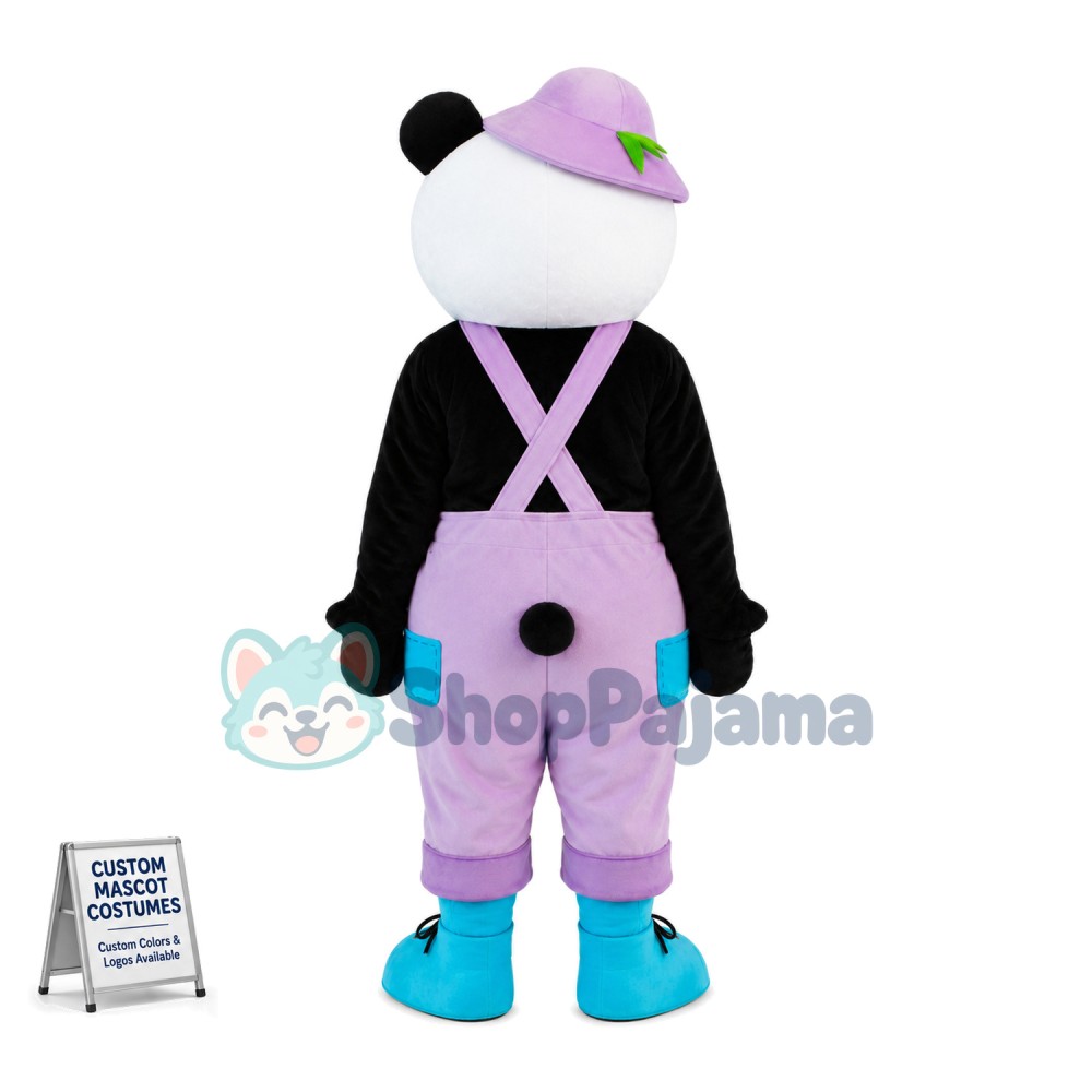 Adult Cartoon Panda Wearing Purple Overalls And Purple Hat Mascot Costume	