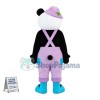 Adult Cartoon Panda Wearing Purple Overalls And Purple Hat Mascot Costume	