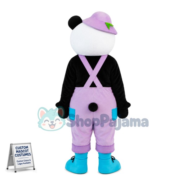 Adult Cartoon Panda Wearing Purple Overalls And Purple Hat Mascot Costume	