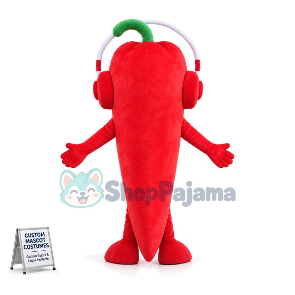 Crazy Cartoon Red Chili Pepper With Red Headphones Mascot Costume For Adult