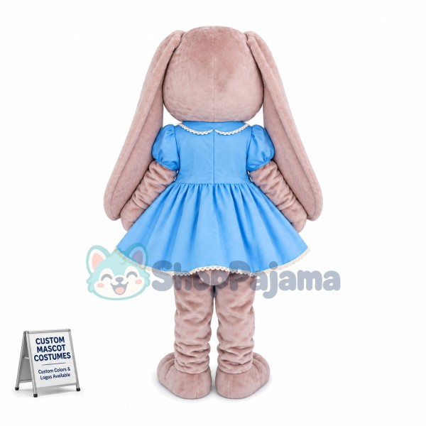 Adult plush Bunny In Blue Dress Mascot Costume 