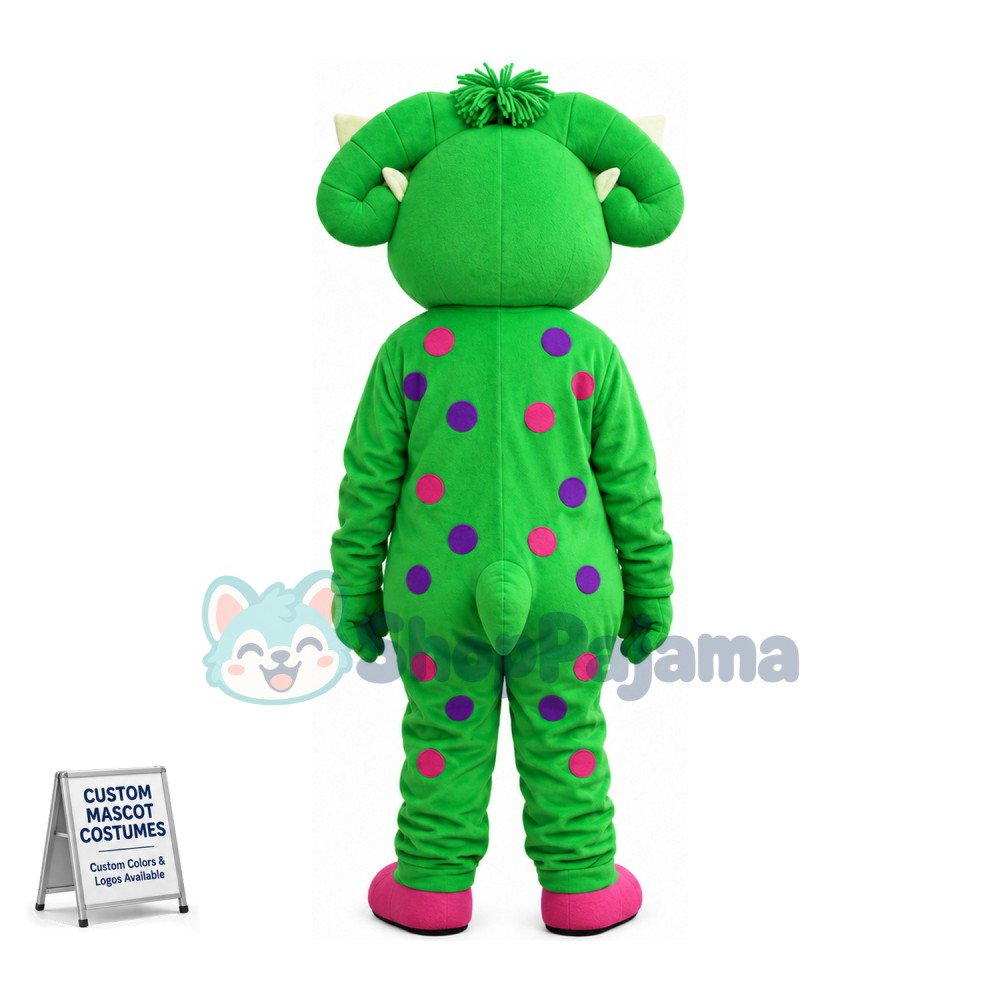 Shy Baby Bop the Bright Green Triceratops Mascot Adult Costume 