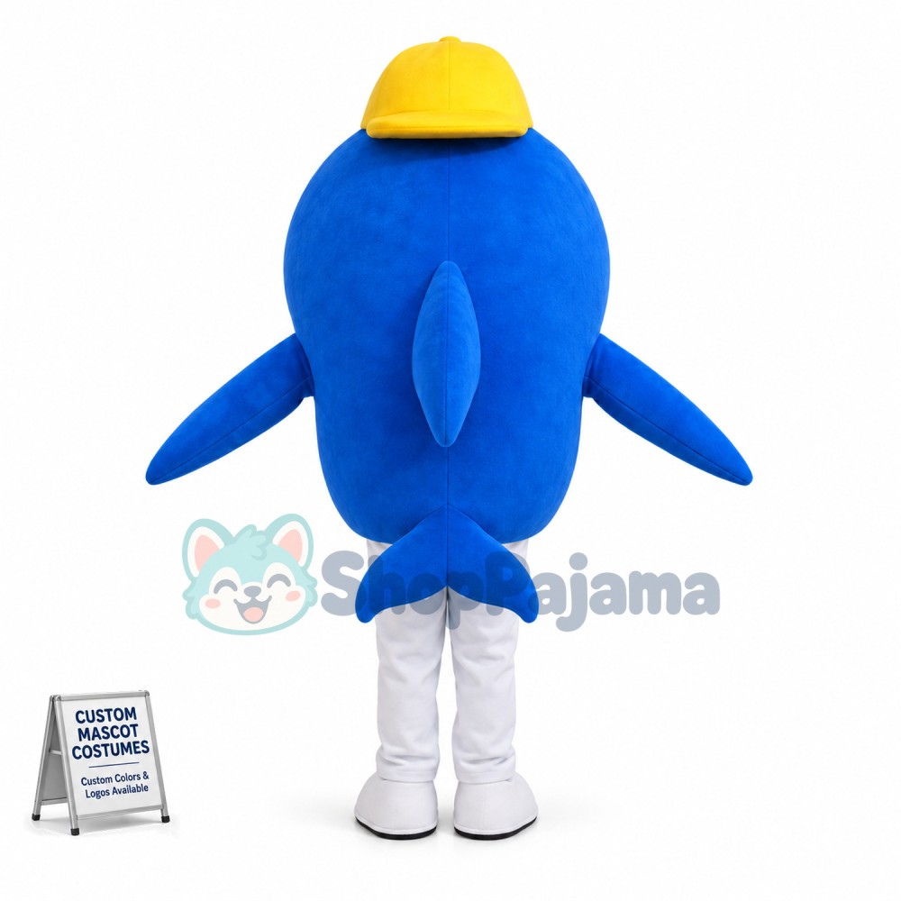 Cartoon Dolphin In Yellow Hat Mascot Costume 