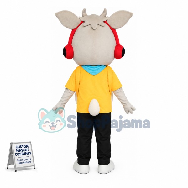 Beige Donkey Schoolboy With Headphones Mascot Costume	
