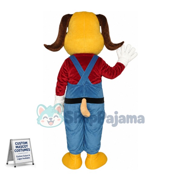 Yellow Dog In Red Jacket and Blue Jumpsuit Mascot Cartoon Costume