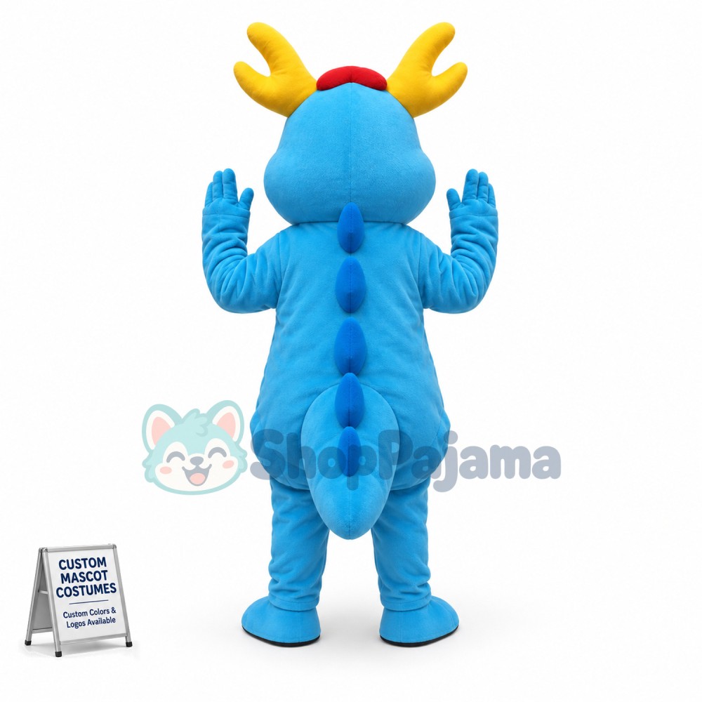 Golden Horned Blue Dragon Cartoon Mascot Costume