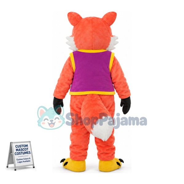 Smiling Orange Fox In Purple Vest Mascot Costume	